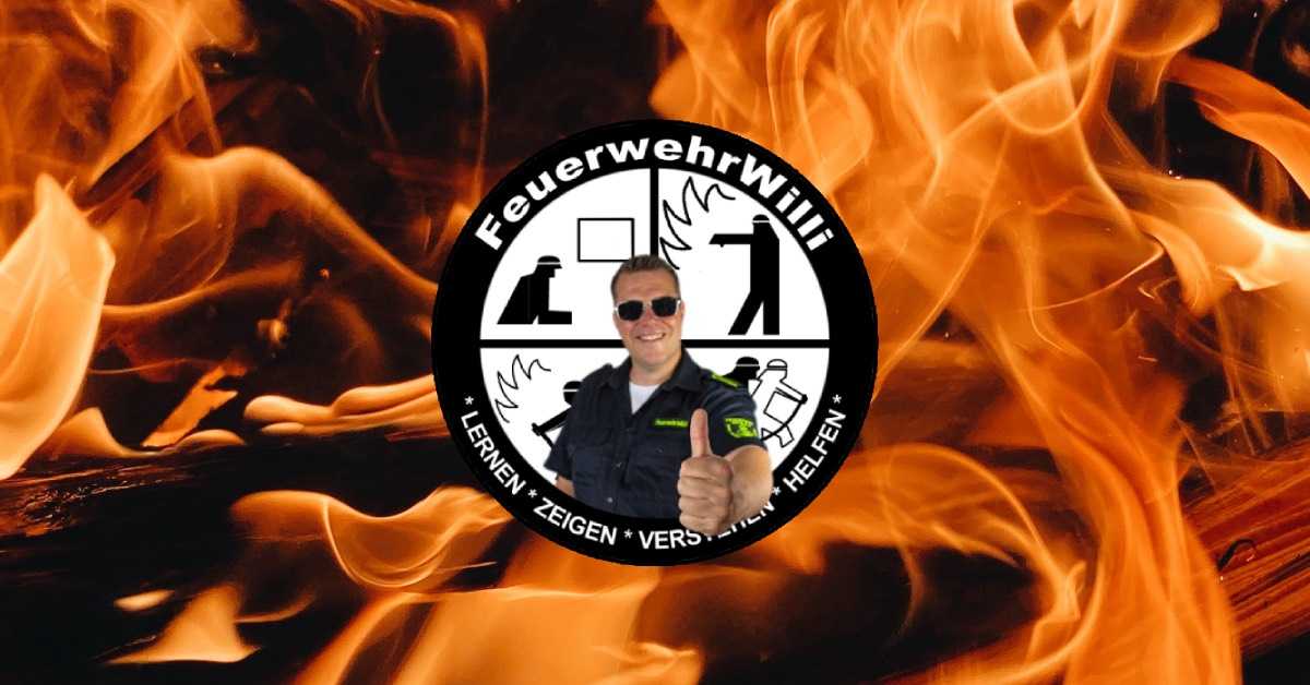 Das Profilbild von FeuerwehrWilli mit der Aufschrift "Lernen, Zeigen, Verstehen, Helfen" vor einer Wand aus Flammen